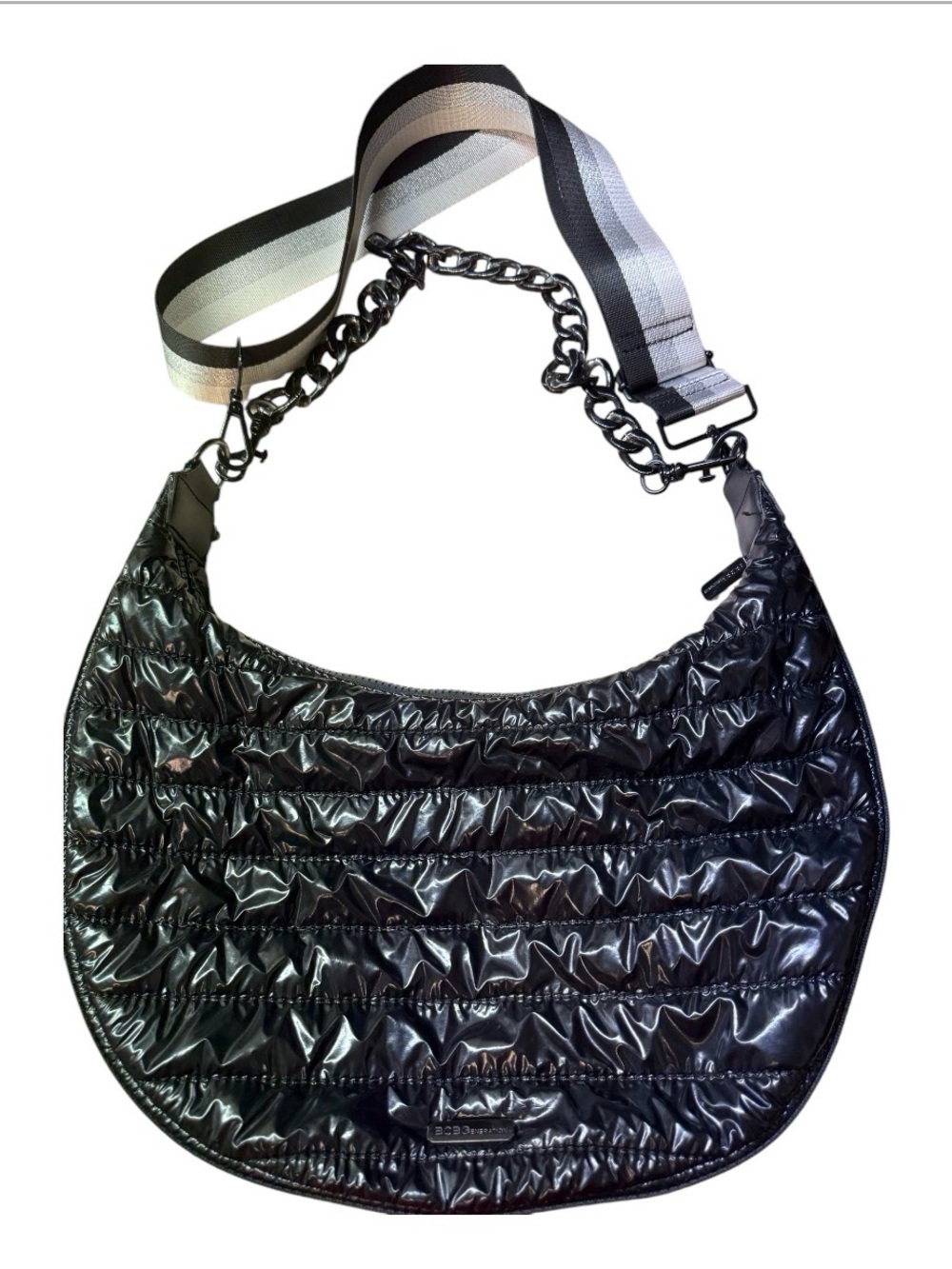 Bcbgeneration Quilted & Shiny Hobo Bag with black chain and striped strap